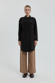 Pocket Detail Shirt Collar Modal Tunic - Black