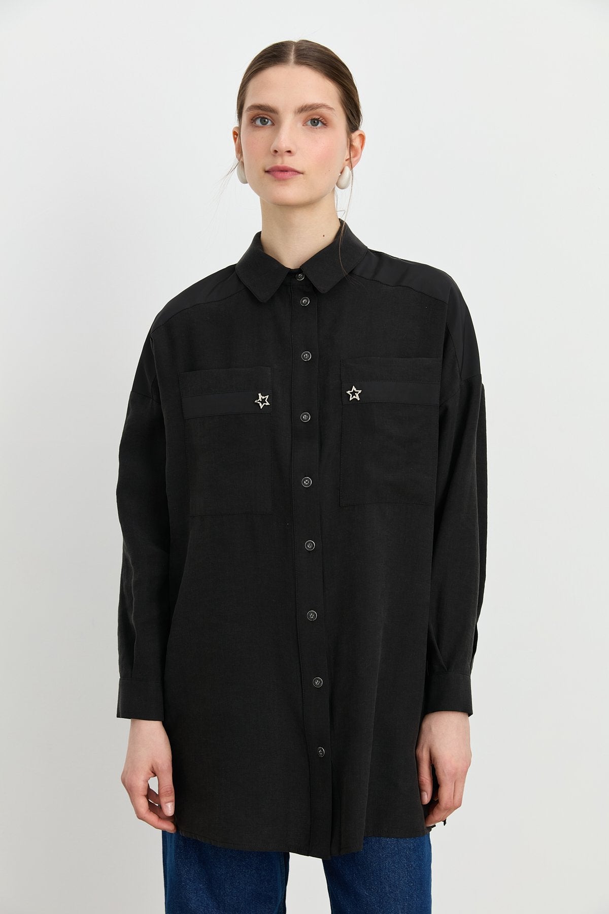 Cep Detaylı Gömlek Yaka Tencel Tunik - Siyah