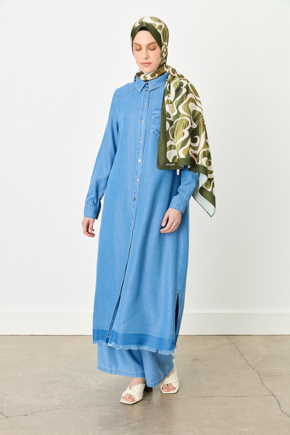 Pocket Detail Shirt Collar Tencel Long Tunic - Ice
