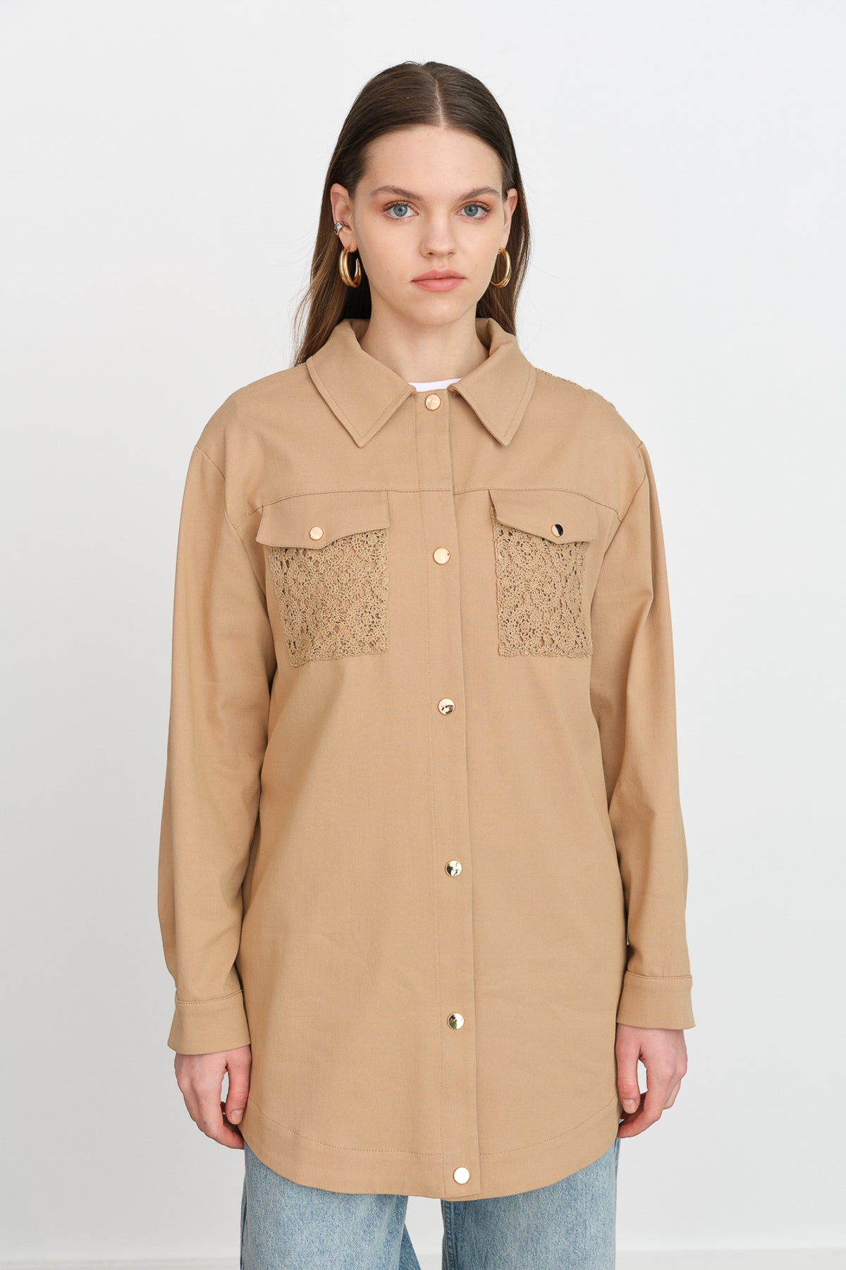 Cep Detaylı Kanvas Denim Ceket - Camel