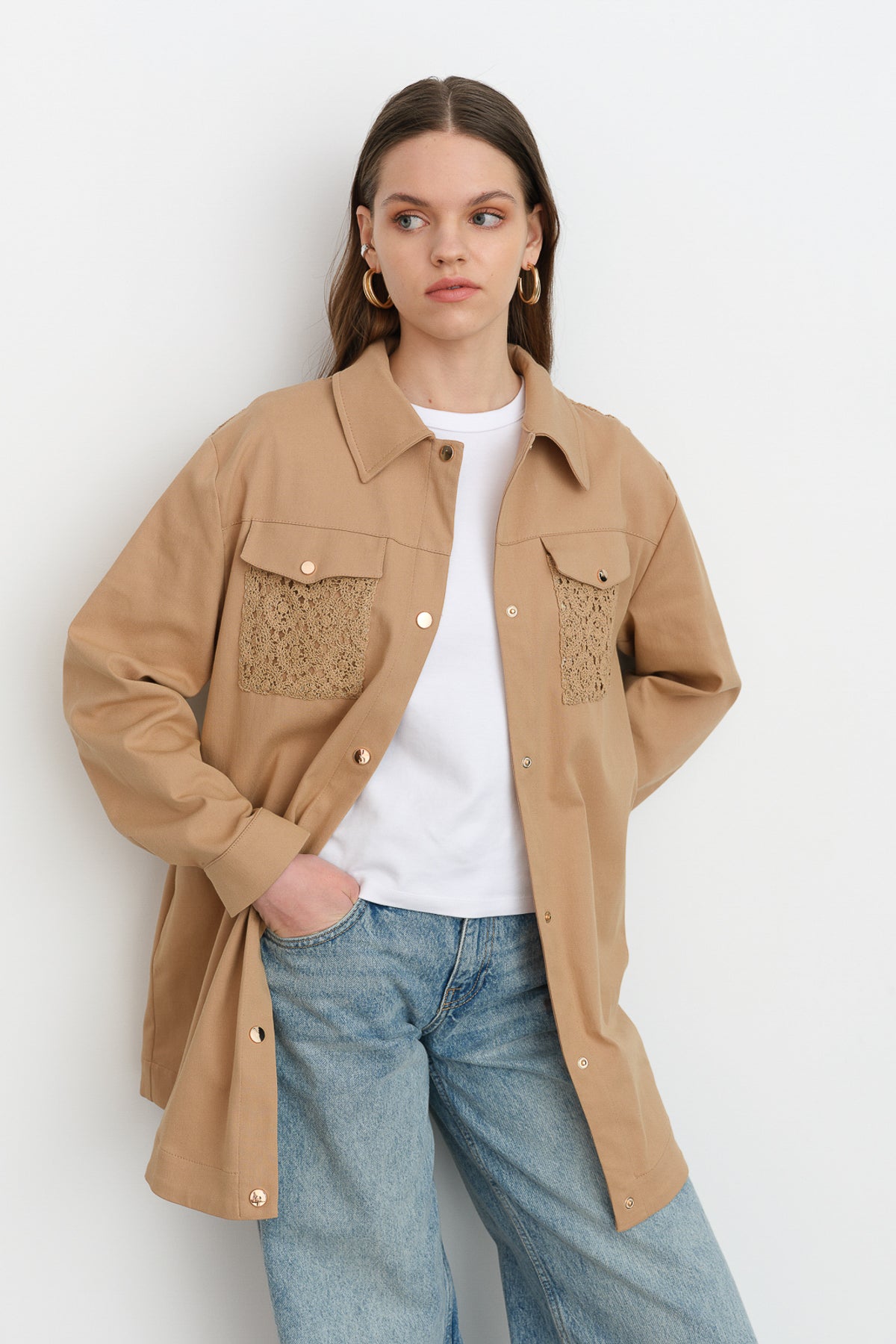 Canvas Denim Jacket with Pocket Detail - Camel