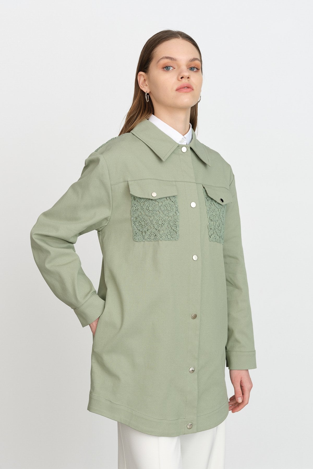 Cep Detaylı Kanvas Denim Ceket - Yeşil