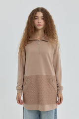 Cep Detaylı Kapitone Garnili Sweat - Camel