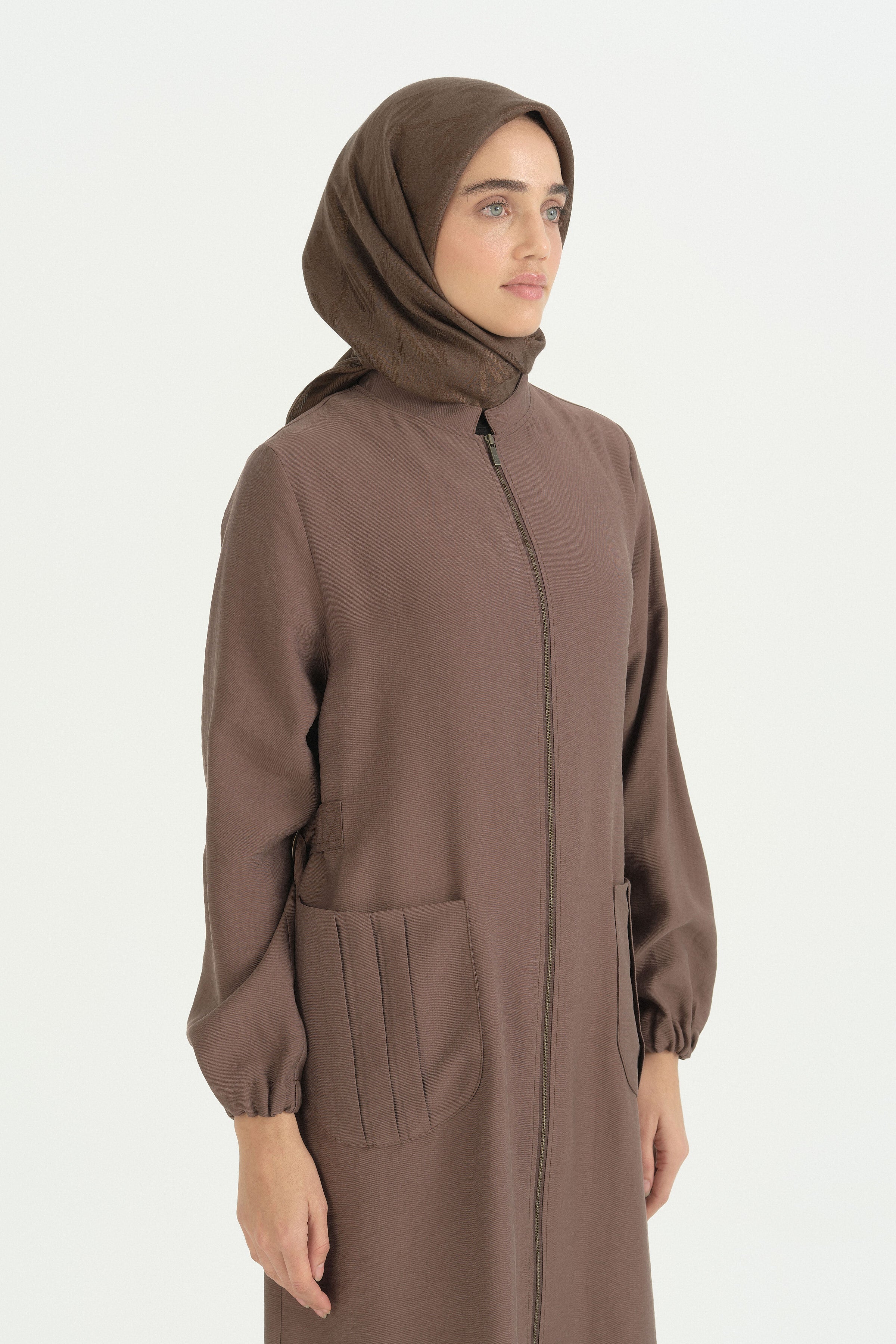 Cep Detaylı Kemerli Tencel Ferace - Açık Kahve