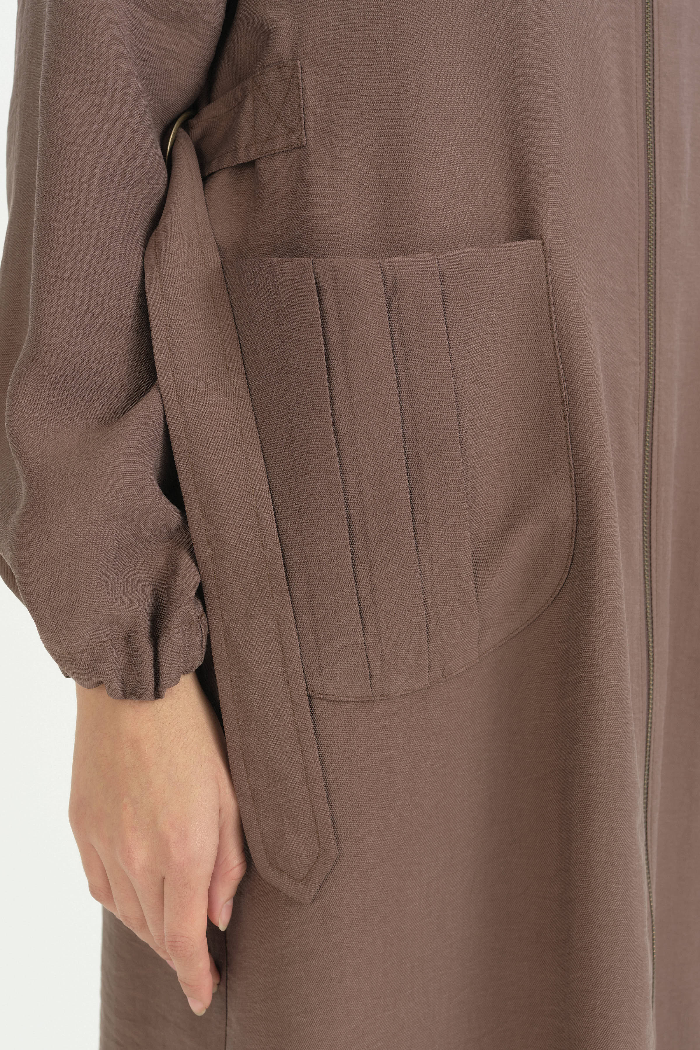 Cep Detaylı Kemerli Tencel Ferace - Açık Kahve