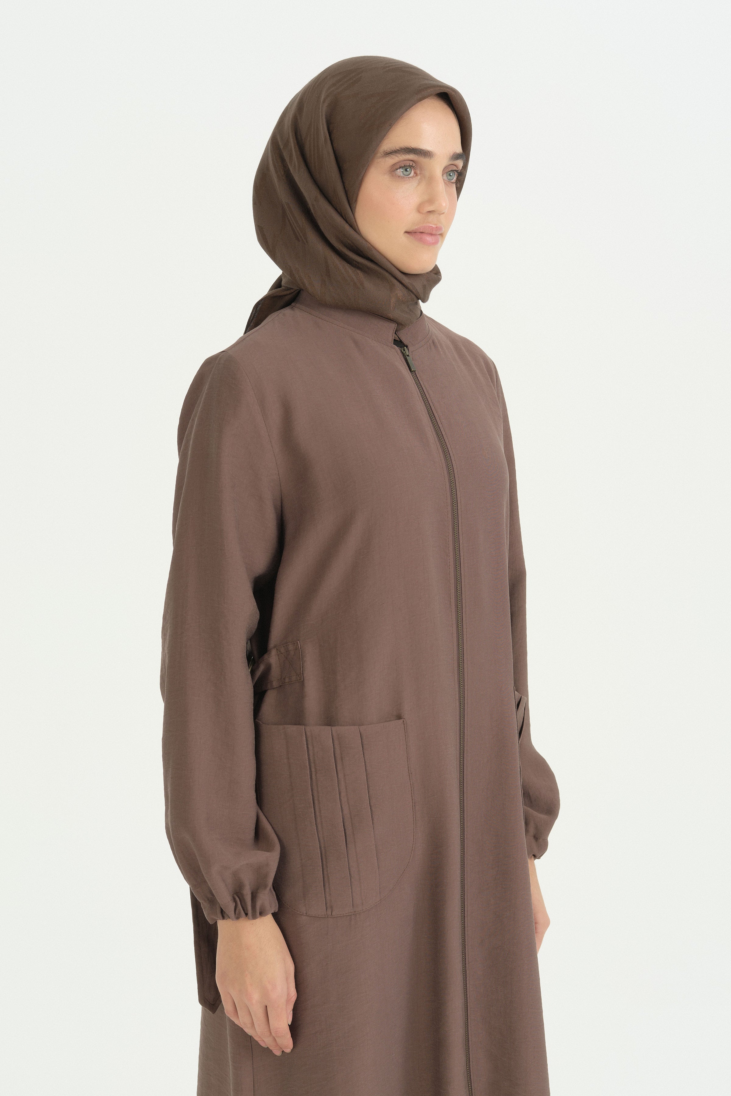 Cep Detaylı Kemerli Tencel Ferace - Açık Kahve