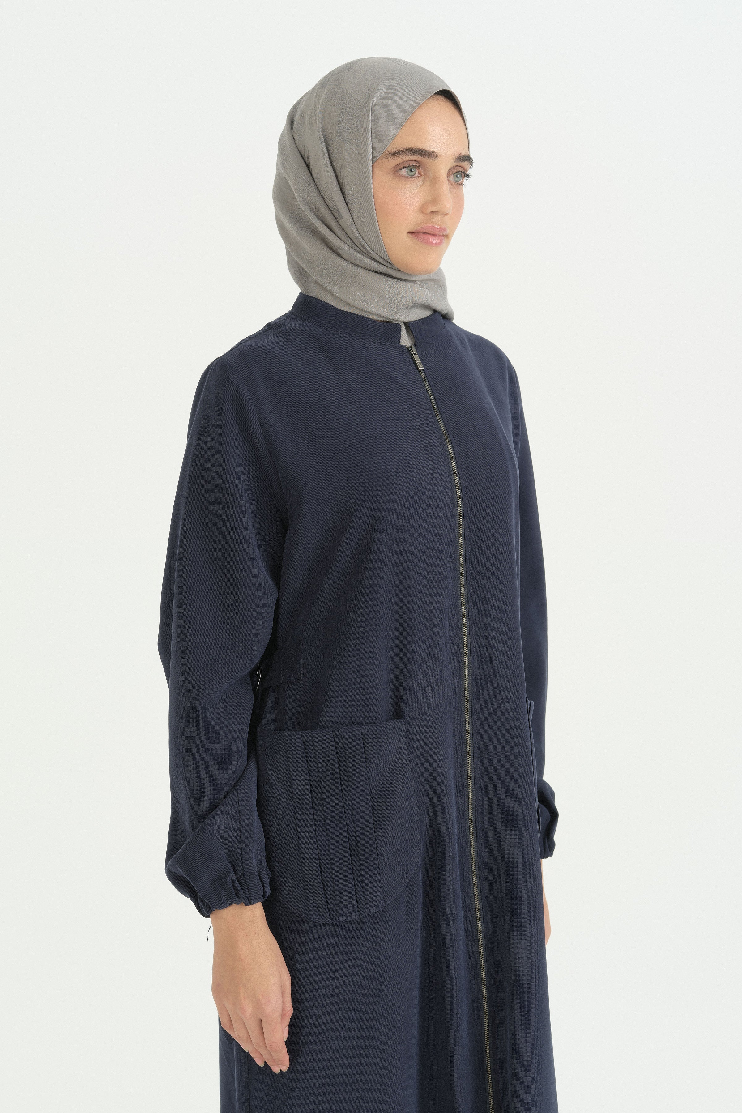 Cep Detaylı Kemerli Tencel Ferace - Lacivert