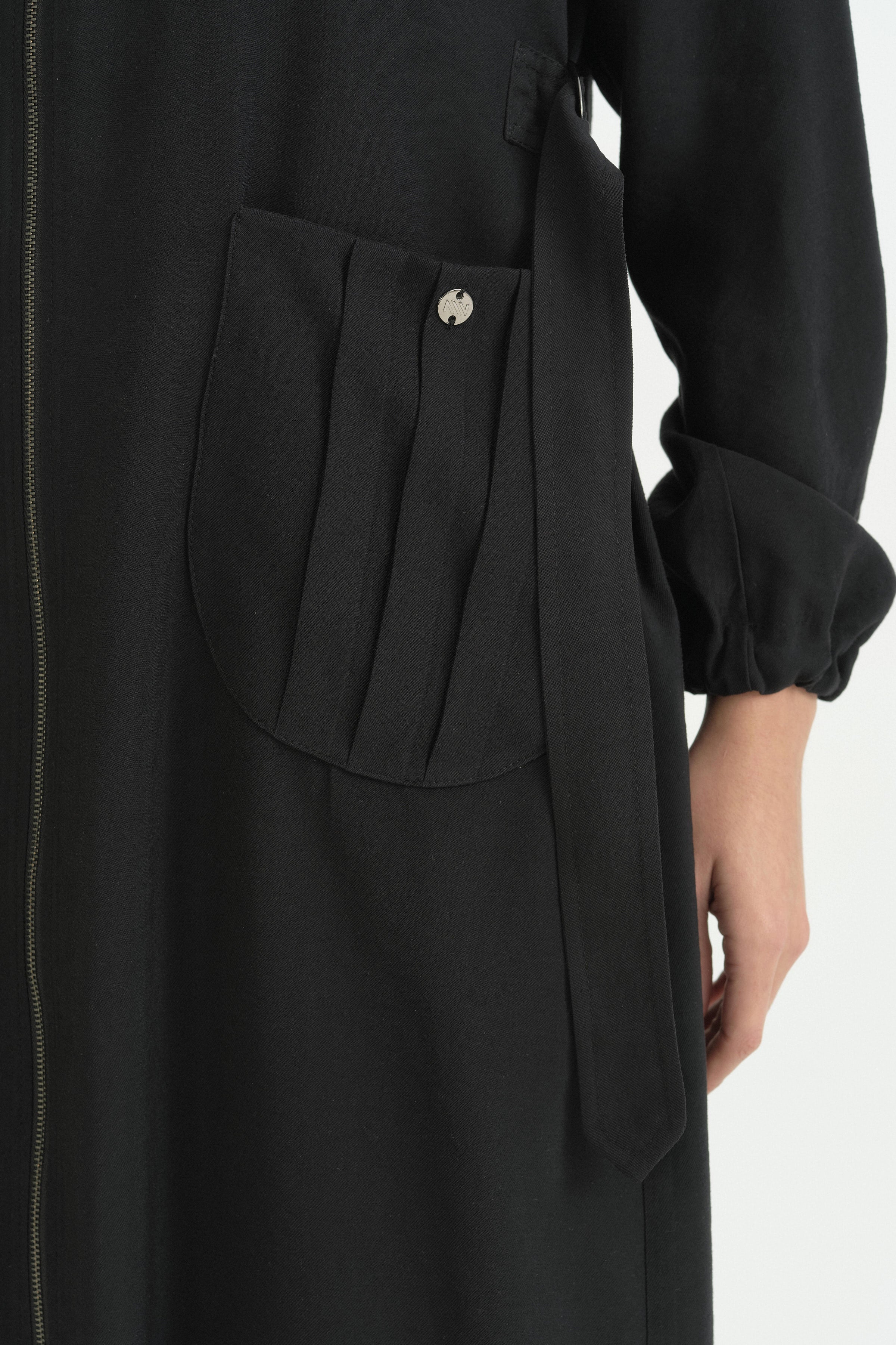 Cep Detaylı Kemerli Tencel Ferace - Siyah