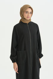 Cep Detaylı Kemerli Tencel Ferace - Siyah