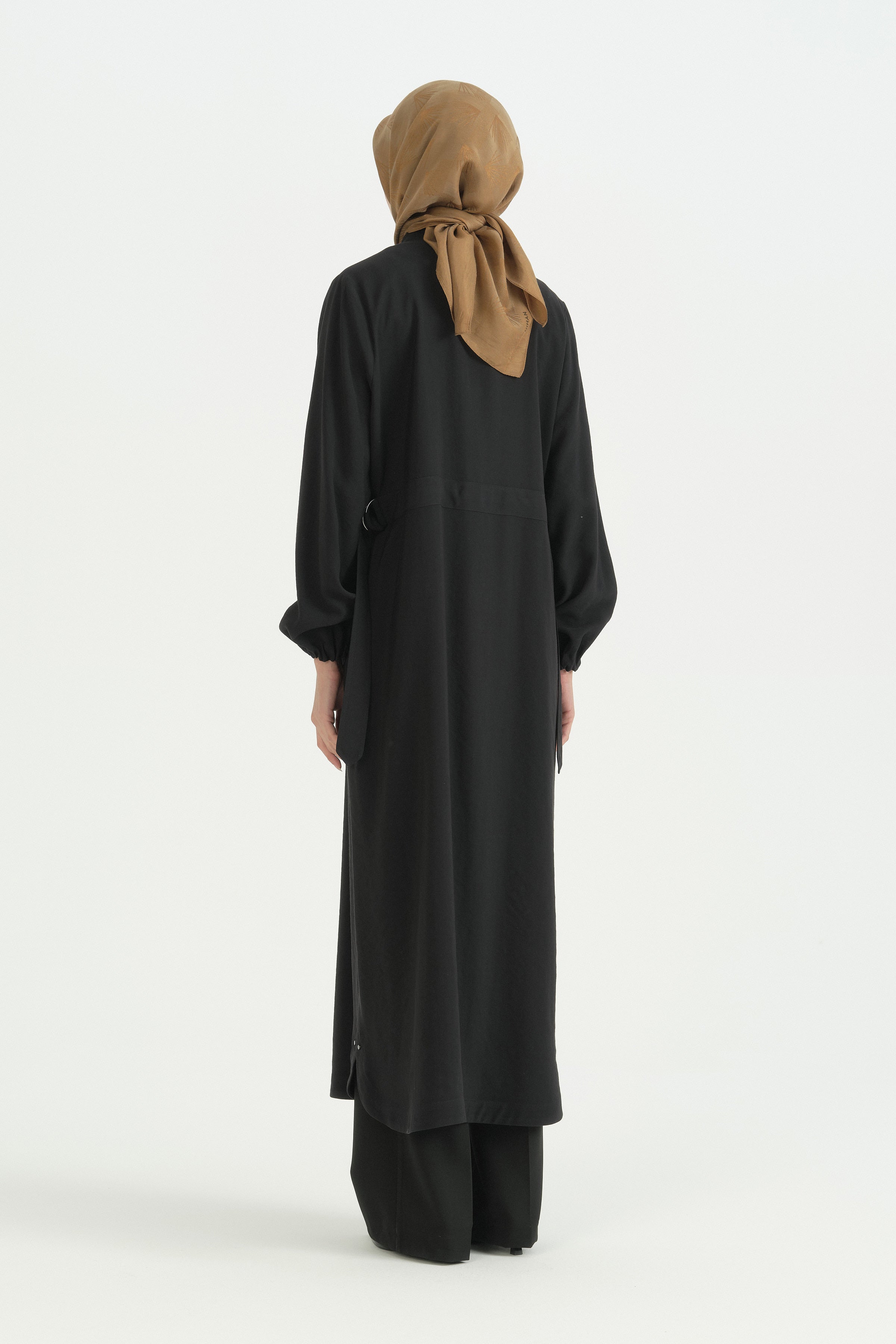 Cep Detaylı Kemerli Tencel Ferace - Siyah