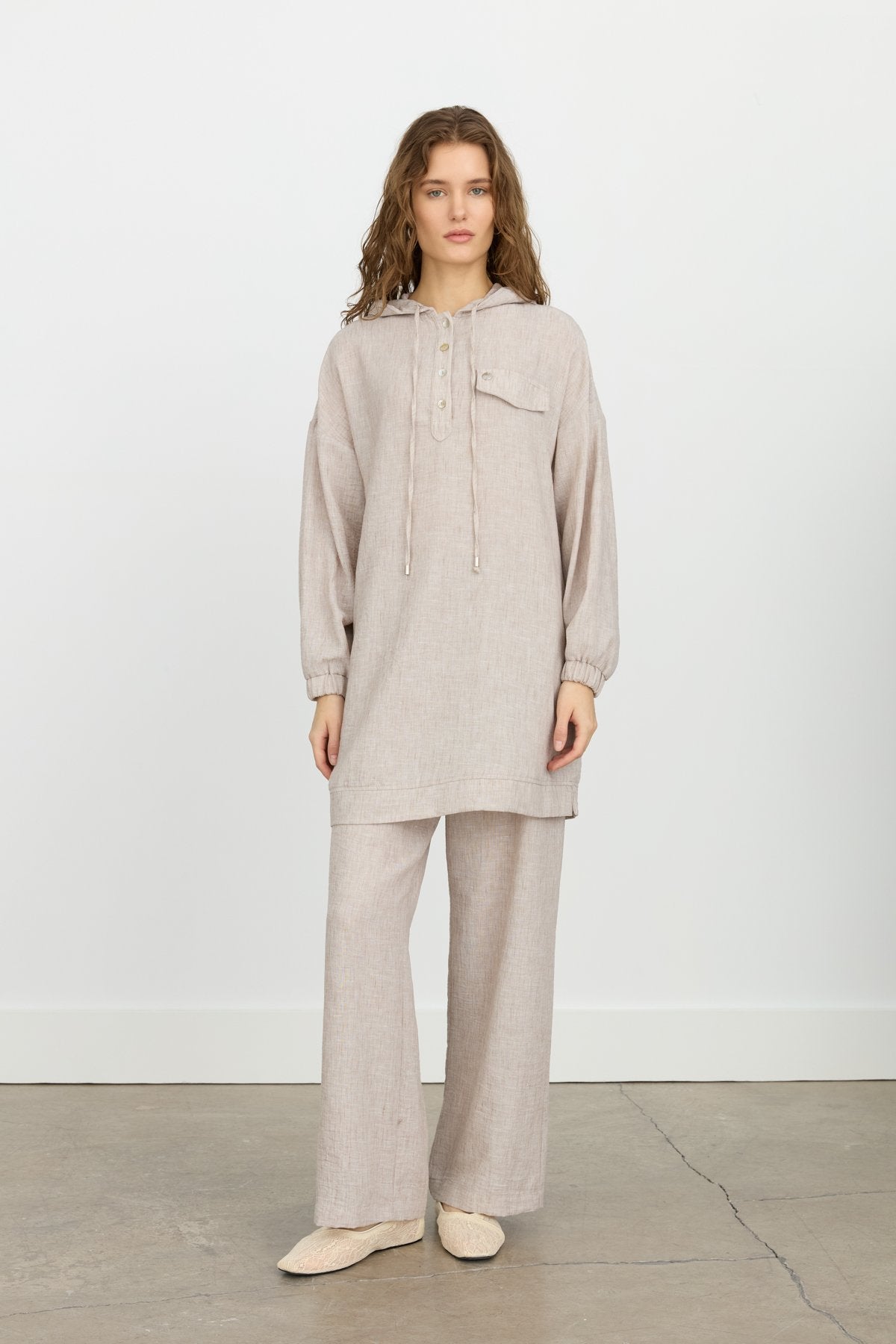 Linen Pants and Tunic Set with Pocket Details - Mink