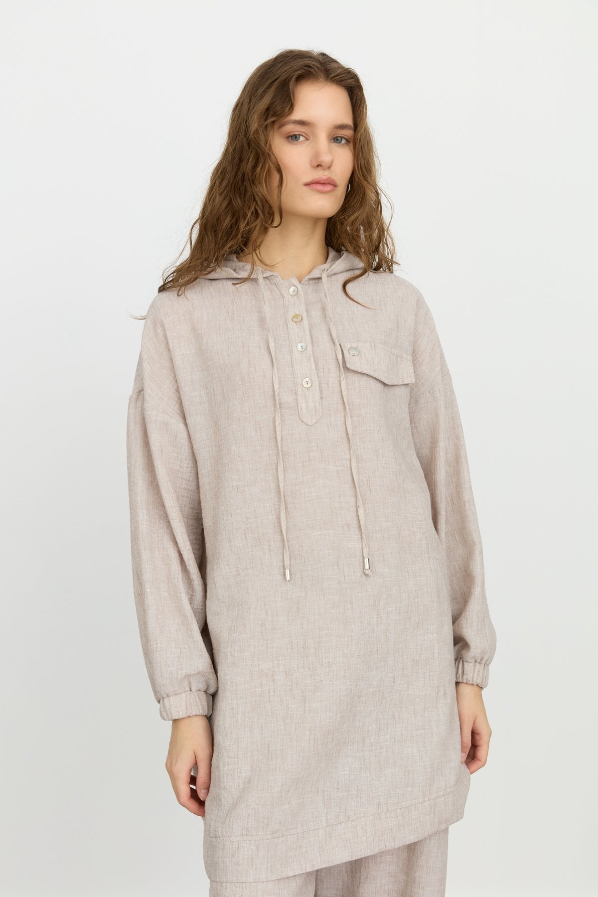 Linen Pants and Tunic Set with Pocket Details - Mink