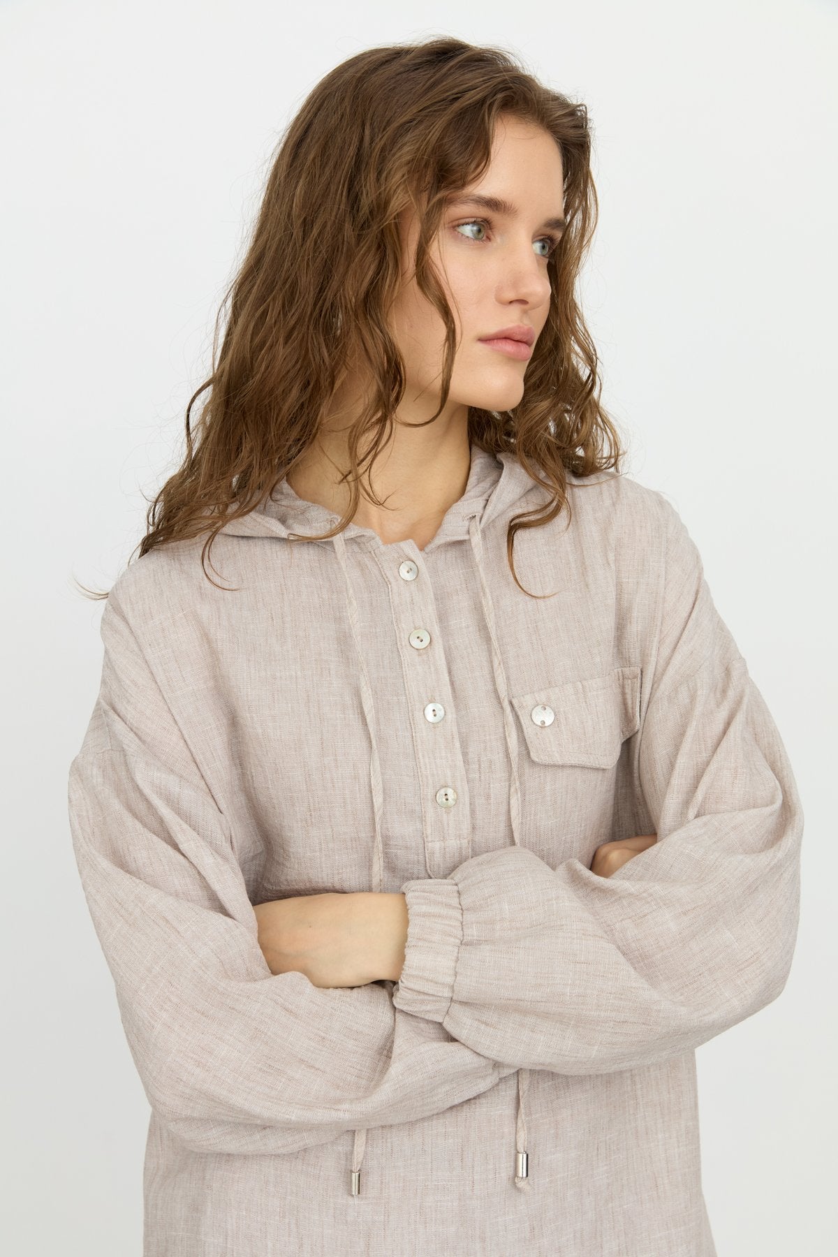 Linen Pants and Tunic Set with Pocket Details - Mink