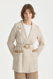 Pocket Detail Belted Wrap Linen Jacket - Beige