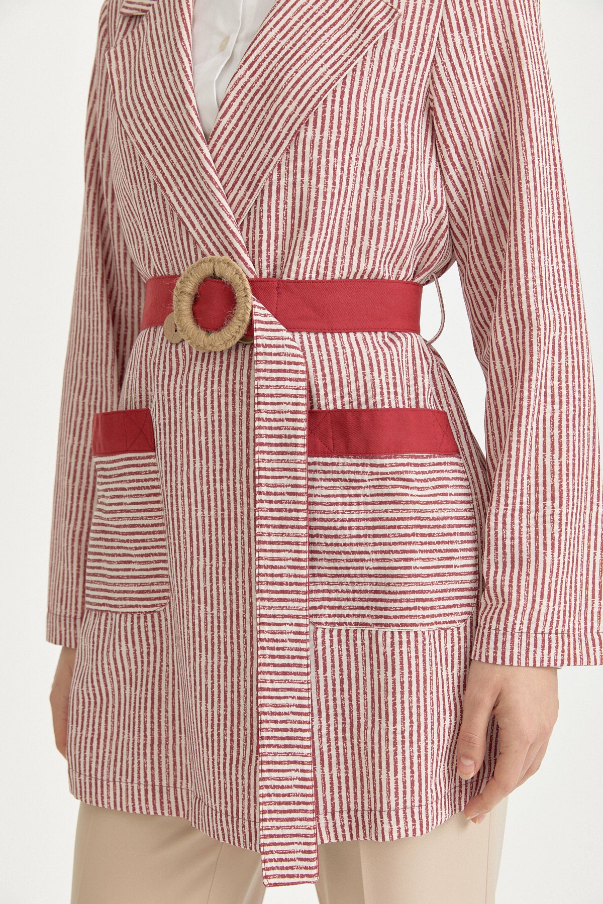 Linen Wrap Jacket with Pocket Detail and Belt - Burgundy