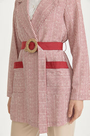 Linen Wrap Jacket with Pocket Detail and Belt - Burgundy