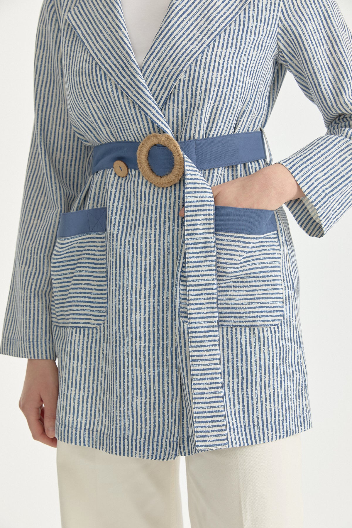 Pocket Detailed Belted Wrap Linen Jacket - Indigo
