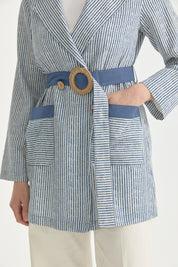 Pocket Detailed Belted Wrap Linen Jacket - Indigo