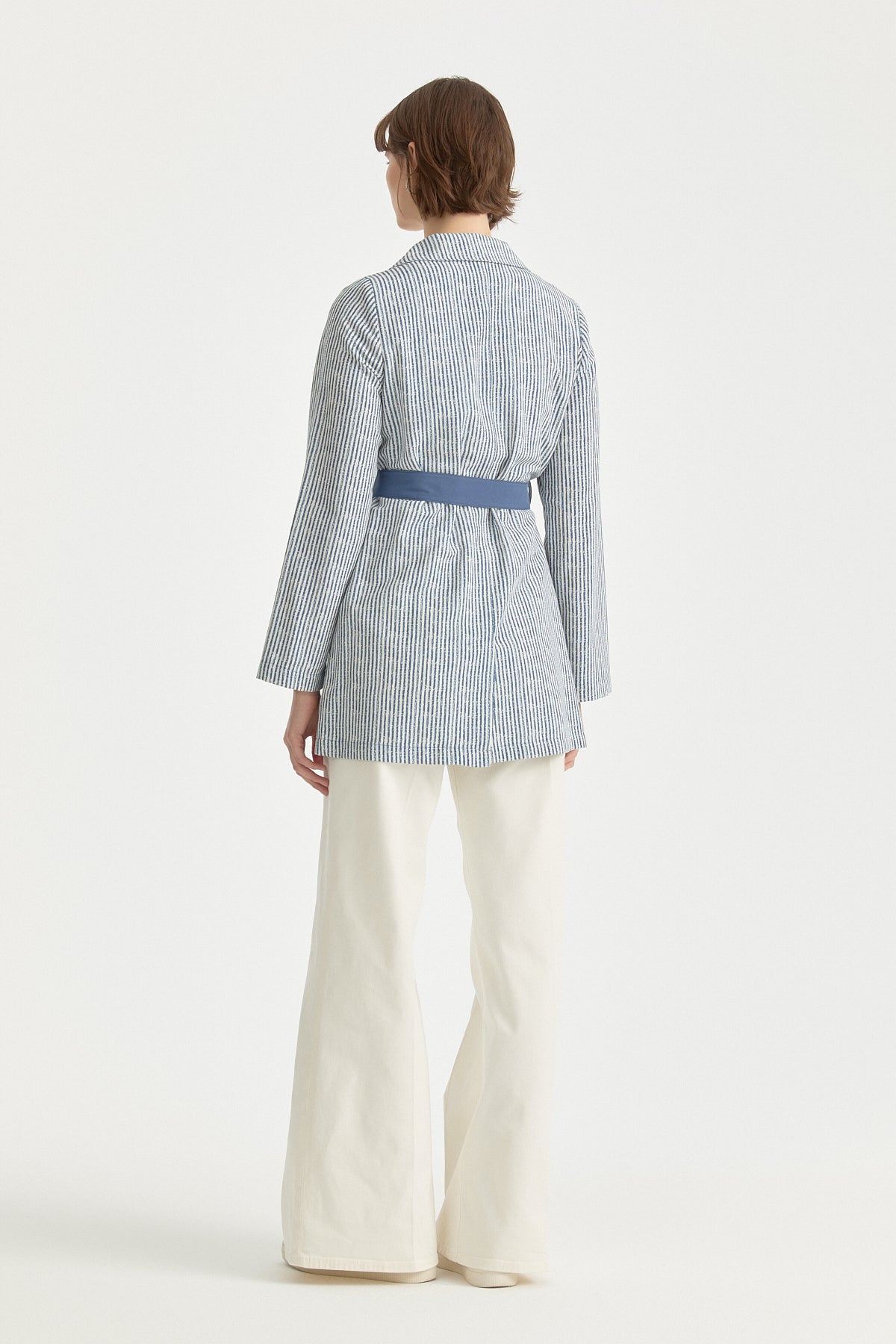 Pocket Detailed Belted Wrap Linen Jacket - Indigo