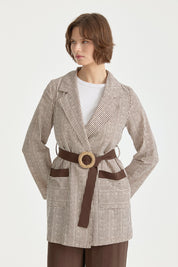 Pocket Detailed Belted Double-Breasted Linen Jacket - Coffee