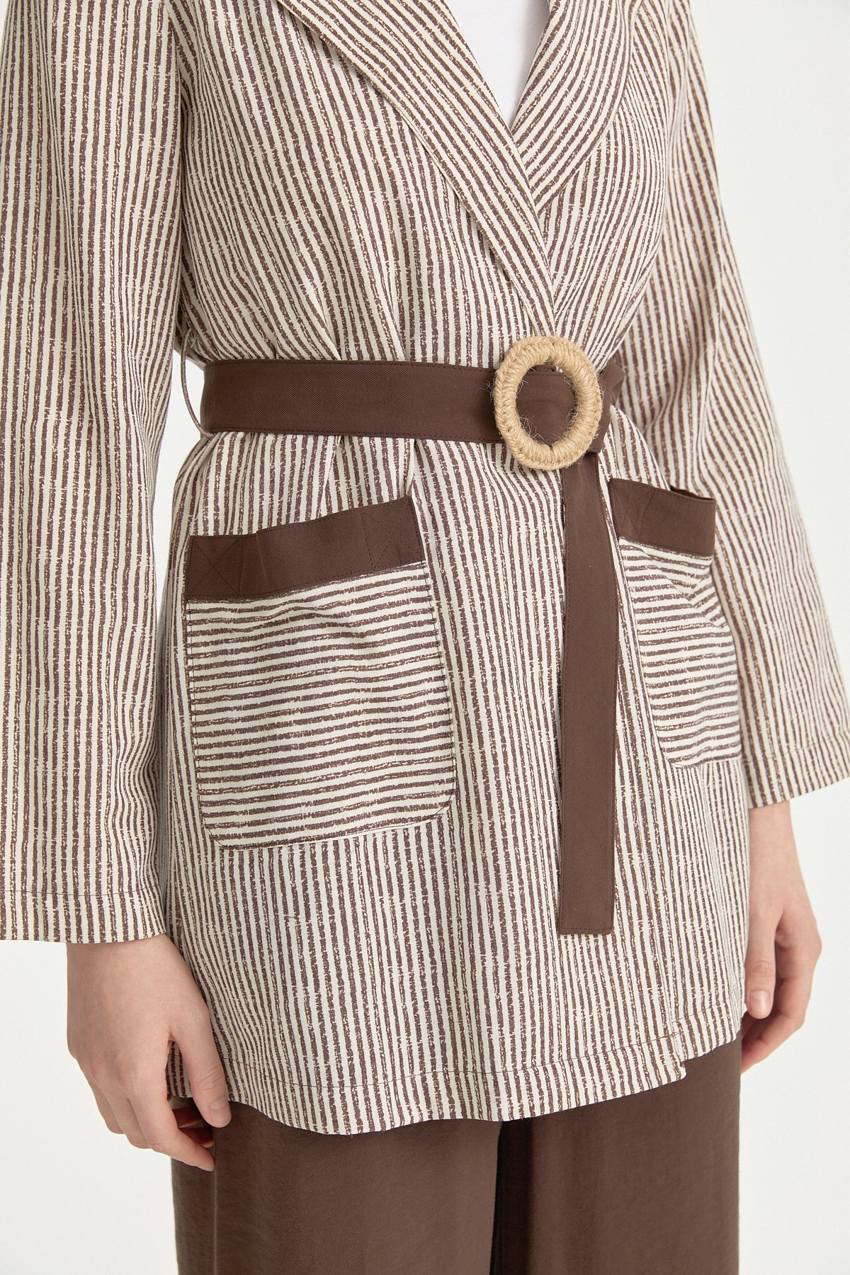 Pocket Detailed Belted Double-Breasted Linen Jacket - Coffee