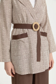 Pocket Detailed Belted Double-Breasted Linen Jacket - Coffee