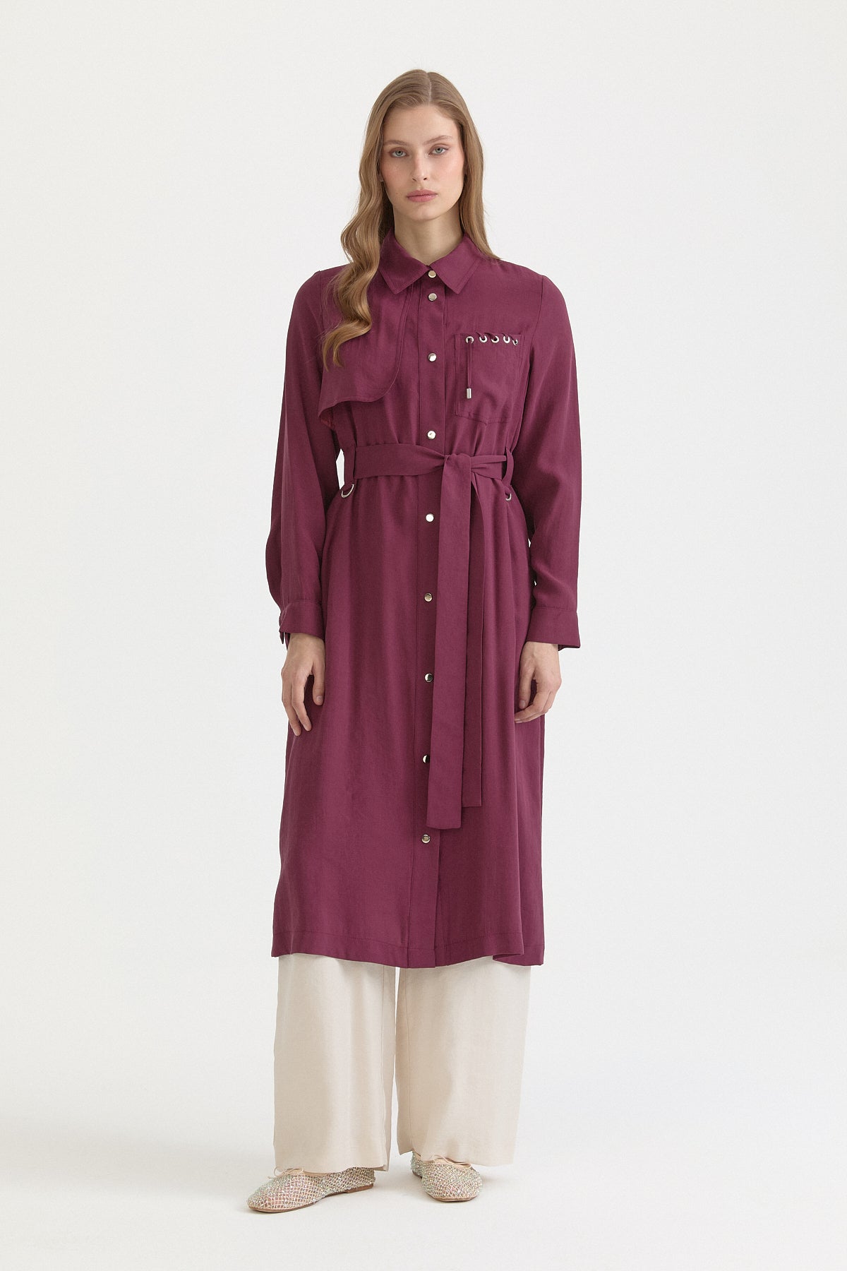 Modal Overcoat with Belt and Pocket Details - Burgundy