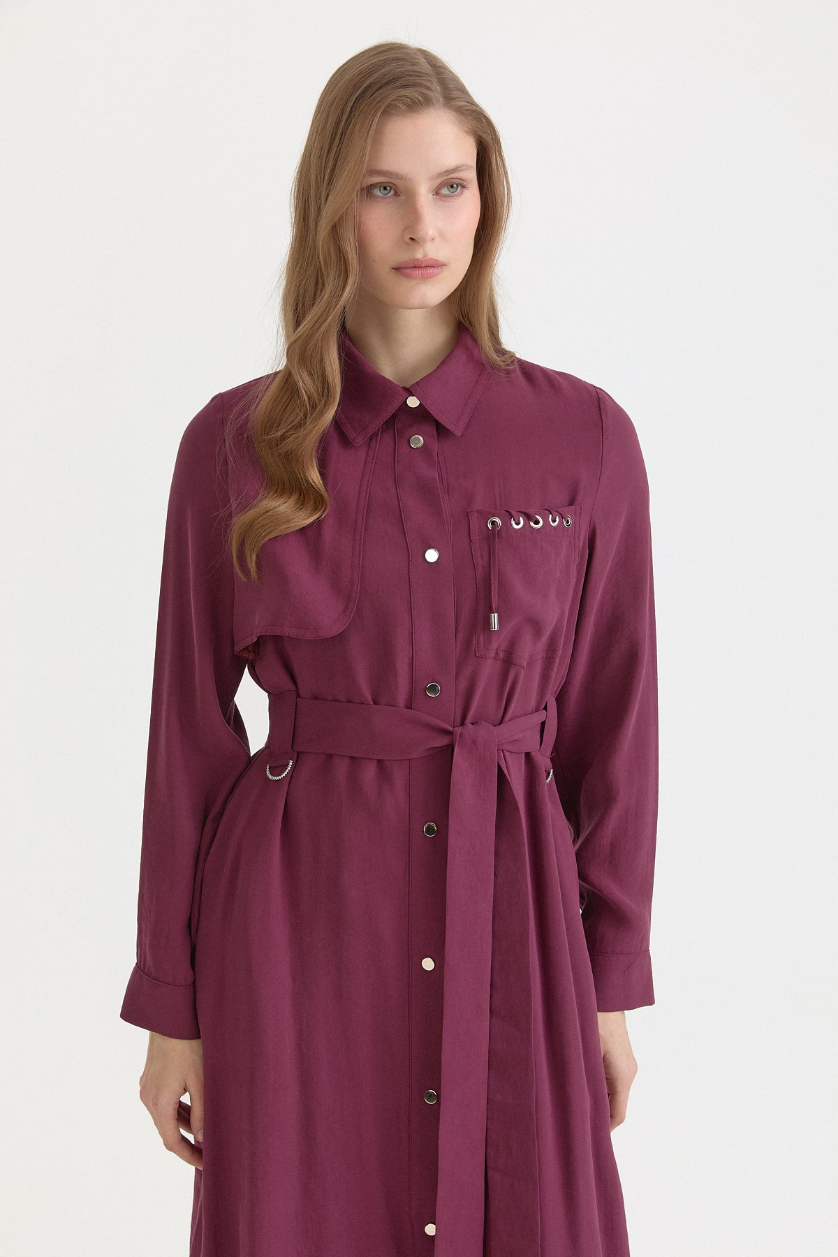 Modal Overcoat with Belt and Pocket Details - Burgundy