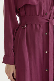 Modal Overcoat with Belt and Pocket Details - Burgundy