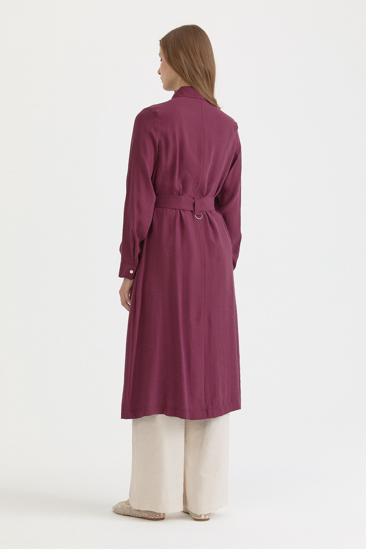 Modal Overcoat with Belt and Pocket Details - Burgundy