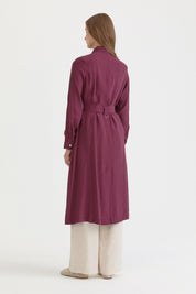 Modal Overcoat with Belt and Pocket Details - Burgundy