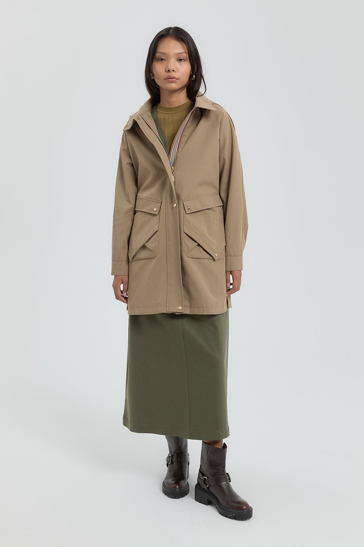 Pocket Detail Detachable Hooded Jacket - Mink