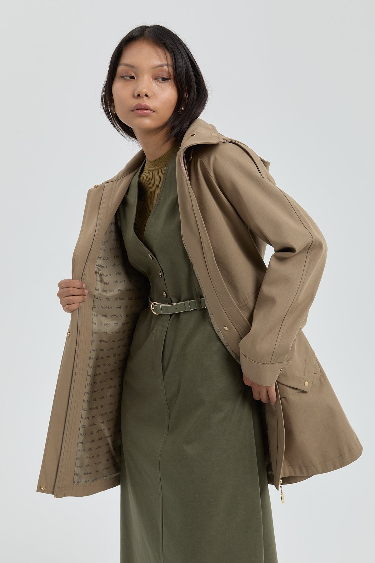 Pocket Detail Detachable Hooded Jacket - Mink
