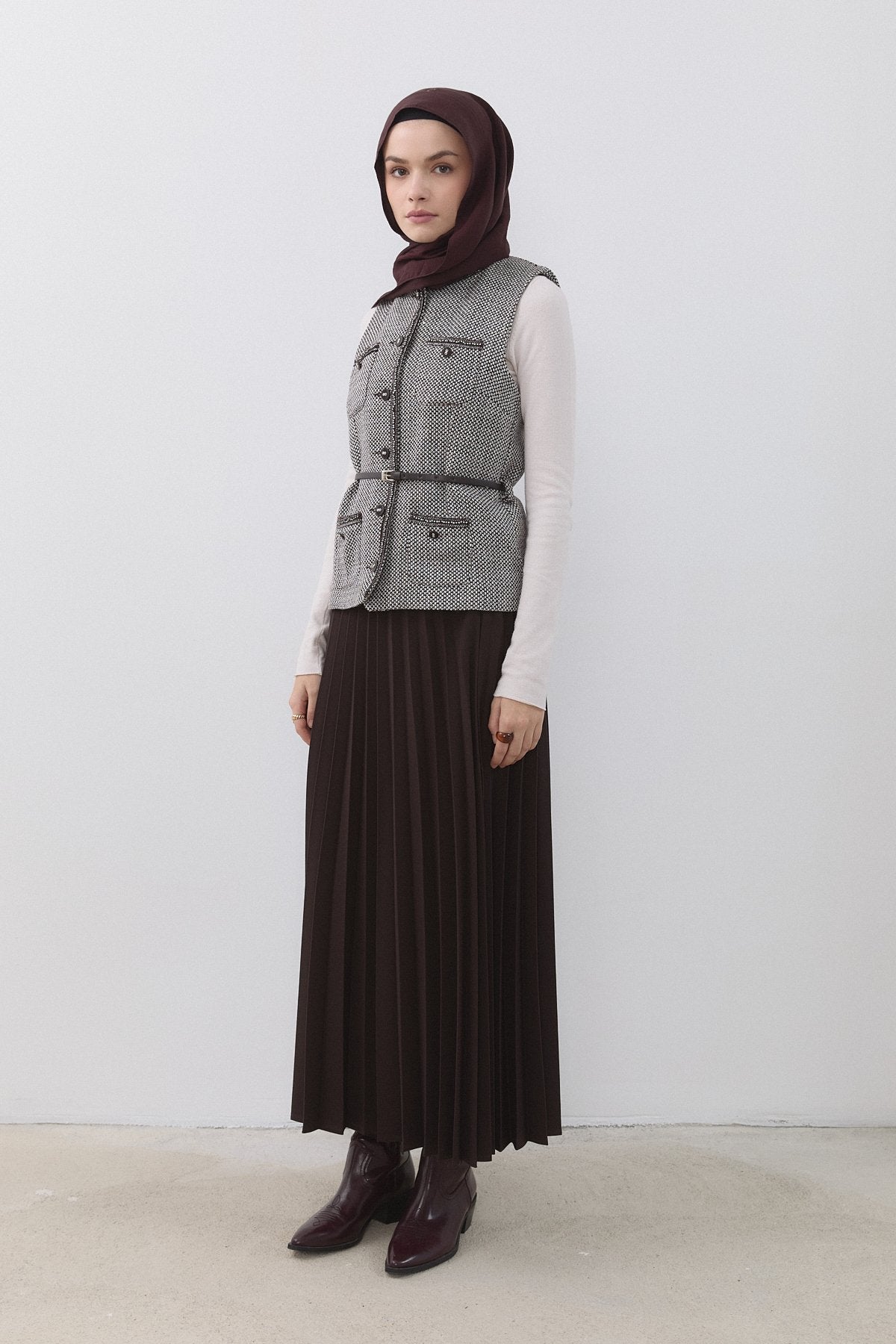 Chanel Yelekli Etek Takım - Kahve
