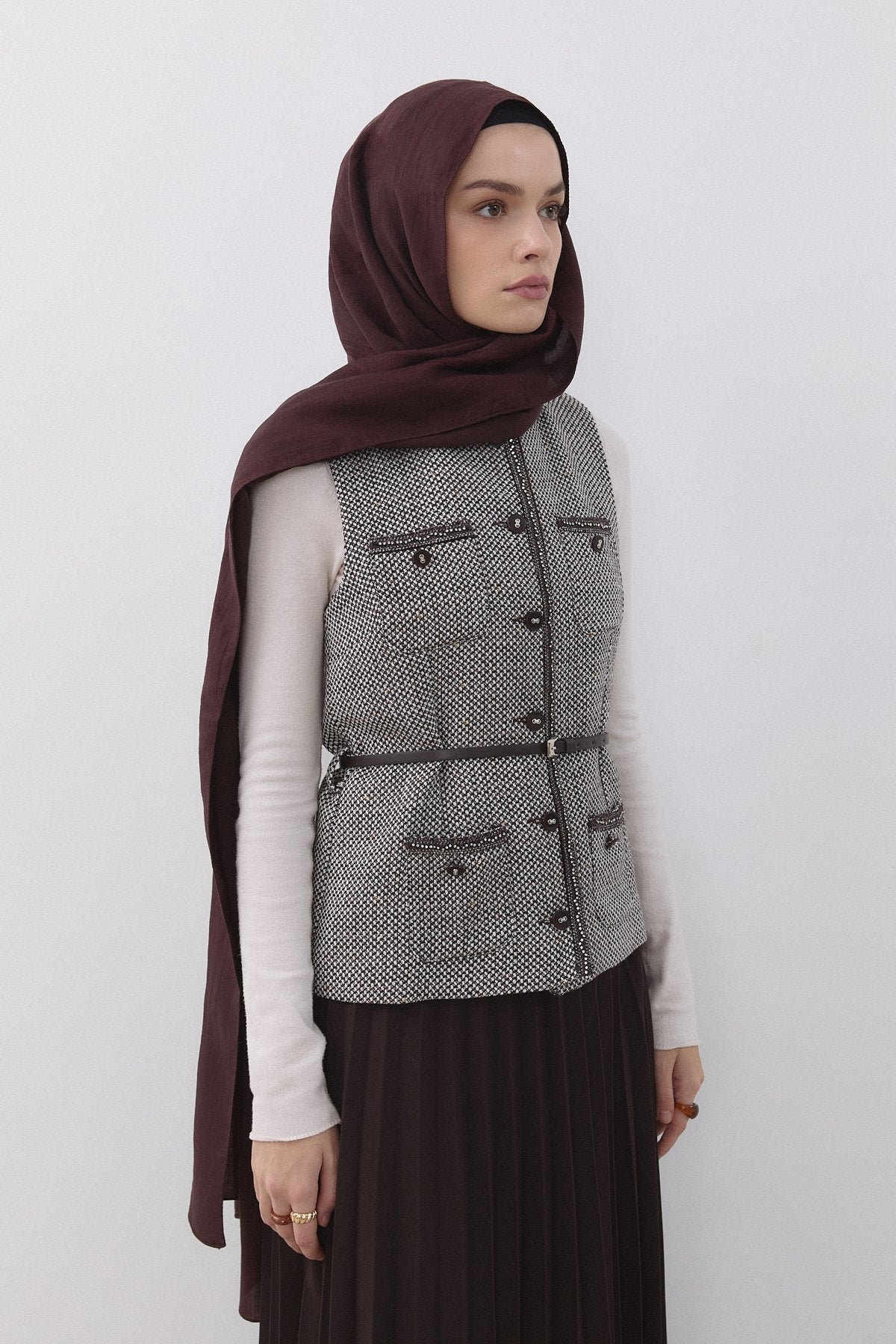 Chanel Yelekli Etek Takım - Kahve
