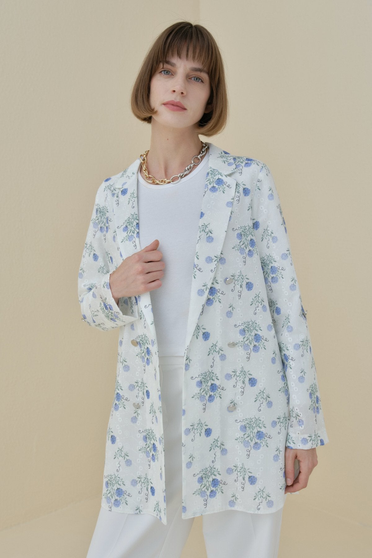 Çiçek Desenli Blazer Dantel Ceket - Mavi