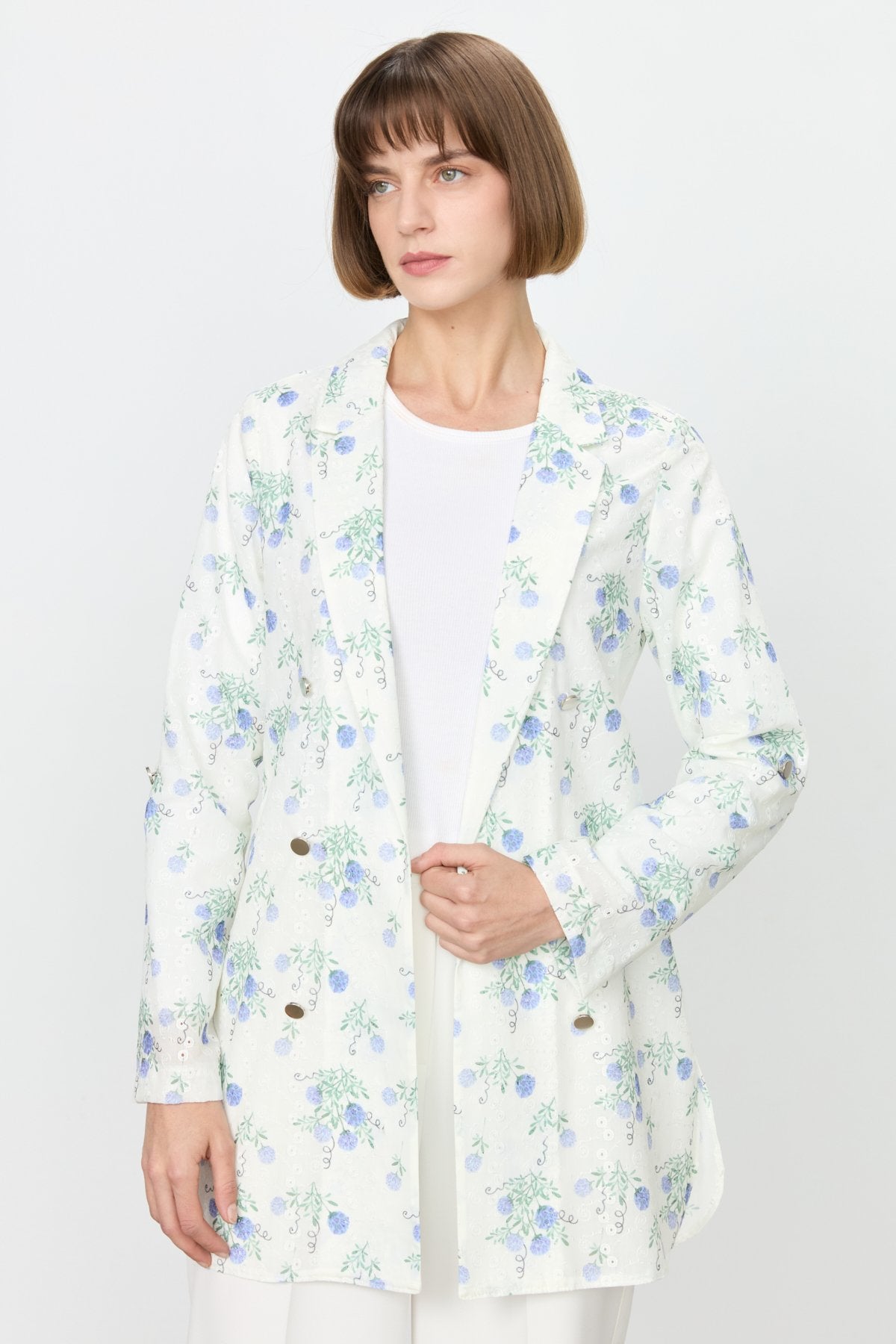 Çiçek Desenli Blazer Dantel Ceket - Mavi