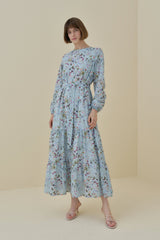 Floral Print Skirt with Gathered Embroidered Dress - Mint