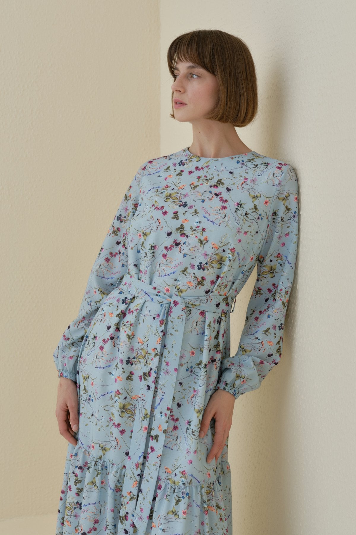Floral Print Skirt with Gathered Embroidered Dress - Mint