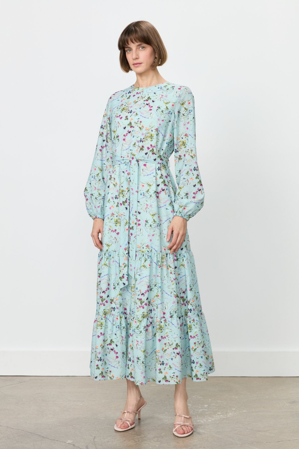 Floral Print Skirt with Gathered Embroidered Dress - Mint