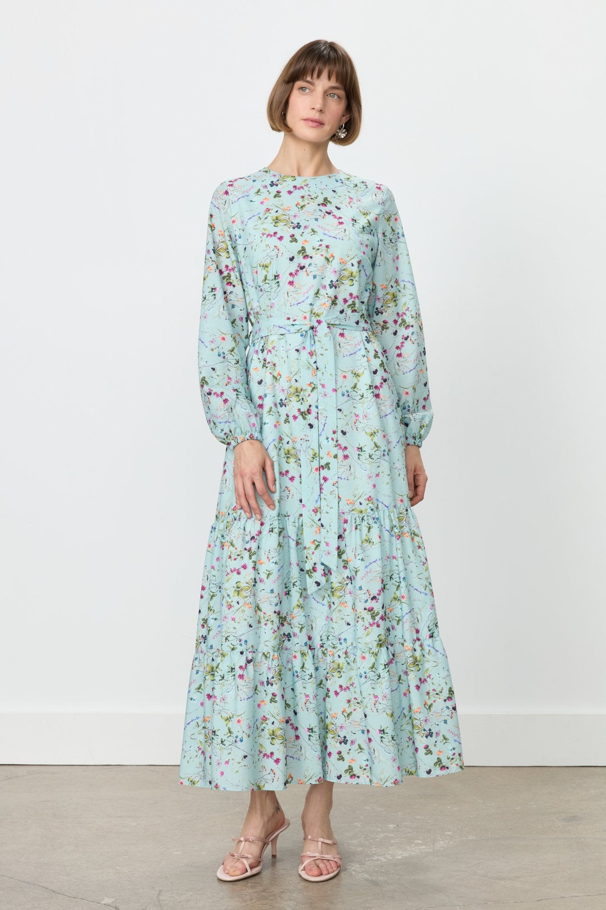Floral Print Skirt with Gathered Embroidered Dress - Mint