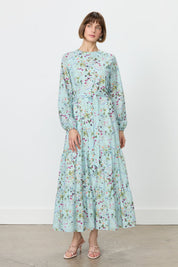 Floral Print Skirt with Gathered Embroidered Dress - Mint