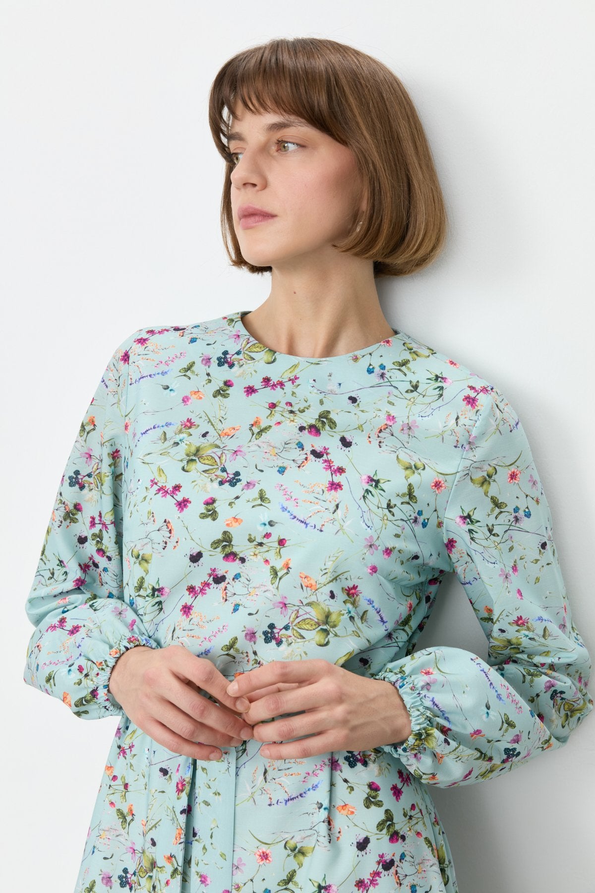 Floral Print Skirt with Gathered Embroidered Dress - Mint