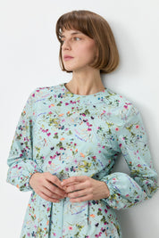 Floral Print Skirt with Gathered Embroidered Dress - Mint