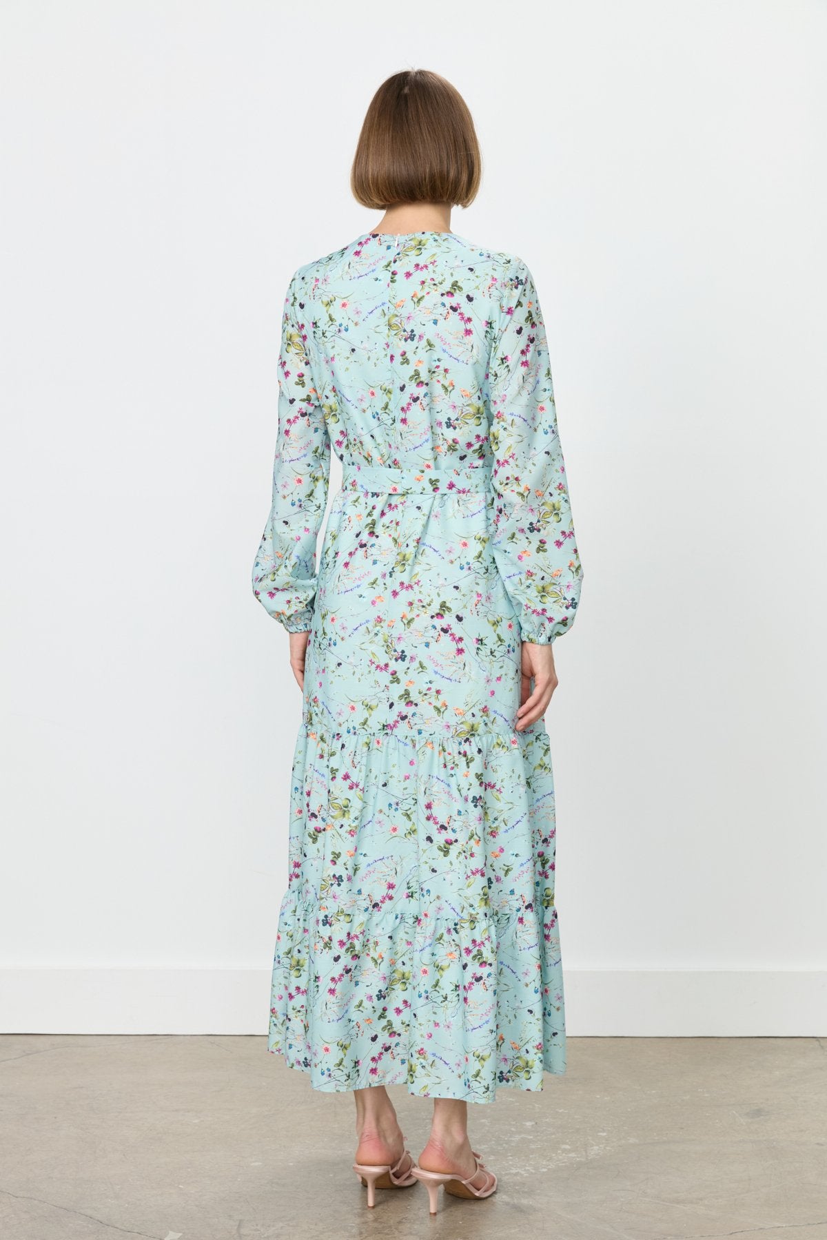 Floral Print Skirt with Gathered Embroidered Dress - Mint