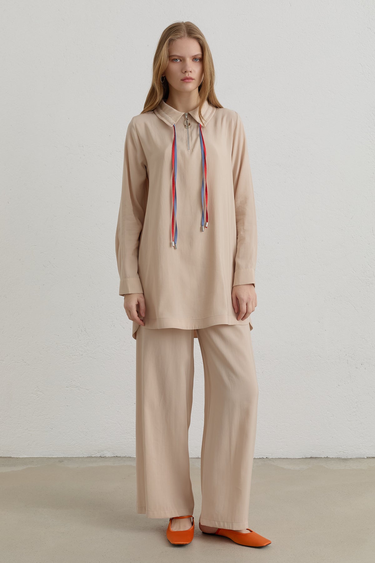Çift Bağcıklı Modal Pantolon Tunik Takım - Krem