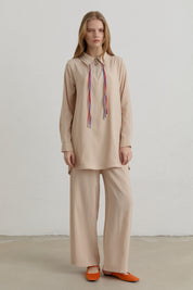 Çift Bağcıklı Modal Pantolon Tunik Takım - Krem