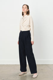 Double Pleated Palazzo Viscose Trousers - Navy Blue