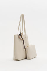 Çift Saplı Charm Detaylı Shopper Çanta - Bej