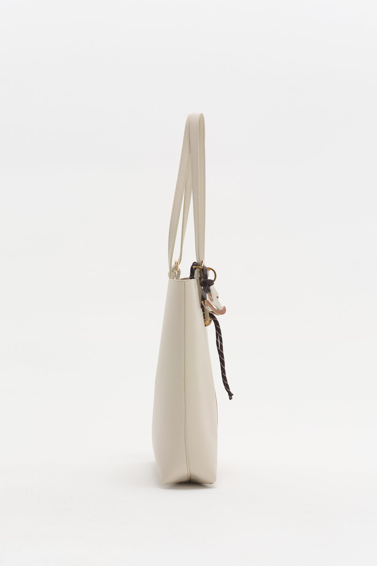 Çift Saplı Charm Detaylı Shopper Çanta - Bej